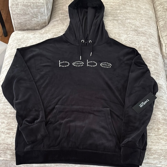 Bebe Black Velvet Hoodie Sweatshirt with Pullover Style - Picture 4 of 8